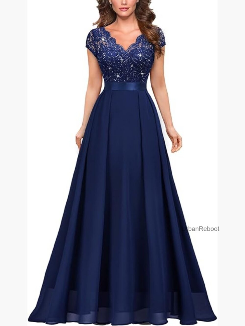 Elegant V-Neck Cap Sleeve Sequin Lace Maxi Dress - Formal Party